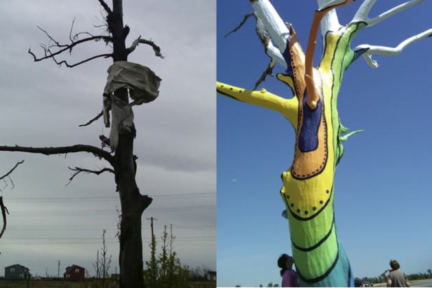 Trees and tree symbols figured prominently into the discourse around the tornado in Joplin, as demonstrated in early New York Times reporting on the disaster. Residents recognized the power of trees as social-ecological symbols and reshaped the discourse in Joplin, using the tree symbols to point to brighter futures. Photos: Keith Tidball