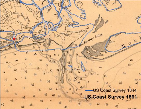 The Rockaway Inlet between Queens and Brooklyn in 1861, based on a U.S. Coast Survey chart. The blue line is the shoreline from seventeen years before. Chart courtesy of the NOAA Historical Map & Chart Collection.