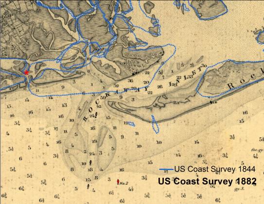 The Rockaway Inlet between Queens and Brooklyn in 1861, based on a U.S. Coast Survey chart. The blue line is the shoreline from seventeen years before. Chart courtesy of the NOAA Historical Map & Chart Collection.