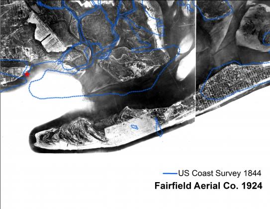 The Rockaway Inlet between Queens and Brooklyn in 1924, based on a photograph from the Fairfield Aerial Company. The blue line is the shoreline from 80 years before. Photograph courtesy of Fred Mushacke at New York State DEC / georeferencing by Eymund Diegel.