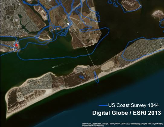 The Rockaway Inlet between Queens and Brooklyn in 2012, based on a satellite imagery. The blue line is the shoreline from 166 years before. Imagery courtesy of Digital Globe, served by ESRI