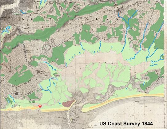 The Jamaica Bay landscape on the south shore of Long Island in the southeastern corner of New York City, as shown on this 1844 U.S. Coast Survey chart, highlights nature’s plan for coastal storms. Broad beaches with dunes on barrier islands protect lagoons fringed with tidal salt marshes. Marsh islands, and possibly eelgrass meadows (not shown) grow in the interior. Chart courtesy of the David Rumsey Map Collection / digitizing by the Welikia Project.