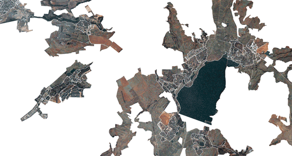 Kunming, China. Narrative #1. A patch change narrative of village edges changing. The rule here is every patch that is adjacent to a village patch is shown. What this reveals the transition whereby villagers change livelihood and lifestyle from agriculture to something else, while staying in place. This narrative is the base for the patch boundary samples shown above. Credit: Victoria Marshall and Colin Macfadyen