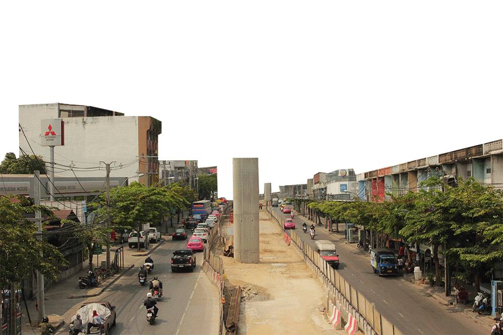 Image 15: Collage of shophouse streetscape with new skytrain, walkways and shady recreation. Credit: Khim Pisessith and Grape Nalintragoon