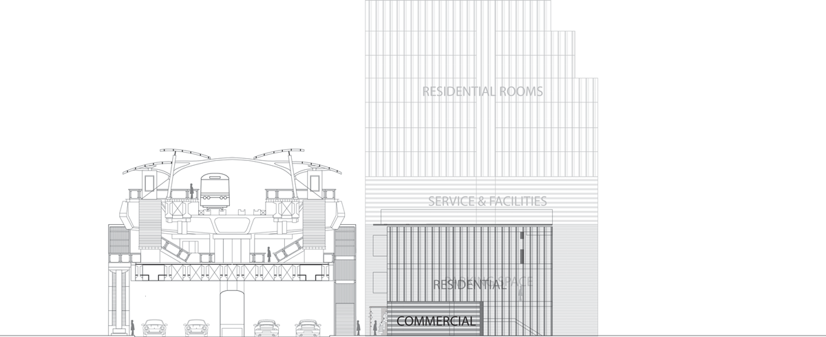Image 13: Section of shophouse streetscape with new skytrain, walkways and shady recreation. Credit: Khim Pisessith and Grape Nalintragoon