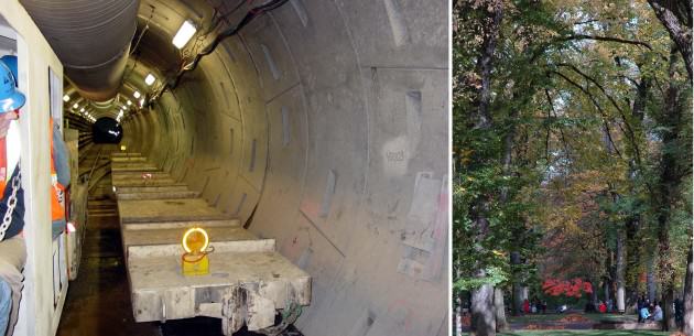 Grey Infrastructure such as Portland's Combined Sewer Overflow "big pipe" (LEFT) is essential to the city's efforts to clean up the Willamette River by virtually eliminating sewer overflows, but it it is a single, purpose "out of sight,out of mind" solution with none of the additional benefits provided by green infrastructure such as Portland's Park Blocks (RIGHT) which attenuate stormwater, reduce urban heat island effect, provide migratory bird habitat and beautify downtown Portland. RIGHT: At the other range of the size spectrum built green infrastructure like this curb extension not only protects the city's $1.44 billion investment in its Combine Sewer Overflow program by keeping stormwater out of the city's grey, piped system but also create a more aesthetic green street and contributes to traffic calming, improving quality of life in the neighborhood.