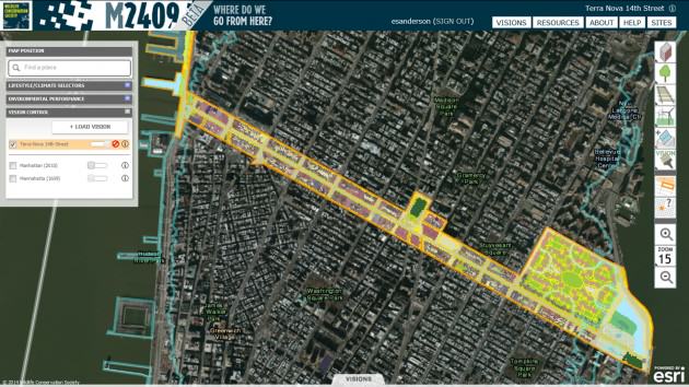 Terra Nova 14th Street. Mannahatta2409.org allows users to develop and share their own visions for Manhattan’s future. In this case, my vision includes a light rail line down the middle of 14th Street, photovoltaic panels, a small patch of forest and an urban garden. It is also inhabited by New Yorkers making deliberate choices to reduce environmental impact by walking, bicycling, and taking electrified public transit (like the subway and light rail.) Eco-hipsters also prefer and are willing to pay a slight premium (10 - 15 cents / kWh) for renewably generated electricity. To read more about the ideas underlying this vision and how they might be achieved, check out Terra Nova: The New World After Oil, Cars, and Suburbs.