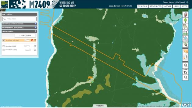 Mannahatta2409.org provides access to a reconstruction of the ecosystems of Manhattan Island four hundred years ago. Ecosystems are mapped over a 10 x 10 m grid system. The dark green indicates oak-hickory forest, shades of light blue are different kinds of wetlands, beaches are light yellow, and the estuary waters of the Hudson River (left) and East River (right) are blue.
