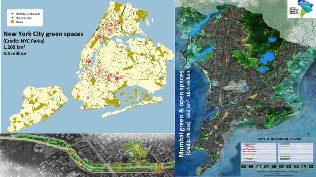 Open space maps in New York City and Mumbai. Lower left a map of a greened canal in Mumbai. Credits: (upper left) New York City Department of Parks and Recreation; (upper right and lower left): P.K. Das