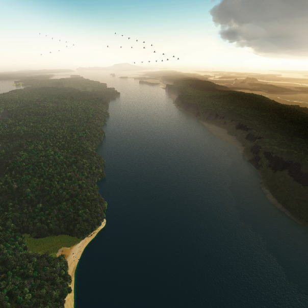 A Hawks-eye View of the Hudson River, c. 1609. Credit: Markley Boyer / The Mannahatta Project / WCS. This image was created for the exhibition “Mannahatta / Manhattan” at the Museum of the City of New York in 2009.