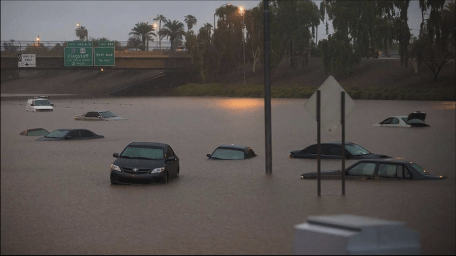 Phoenix, Arizona USA was brought to a halt by a single storm on September 8th, 2014. Local climatologists called it a 500-year event when it rained 10-15cm in less than 24 hours. Photo: Twitter/Michael Chow