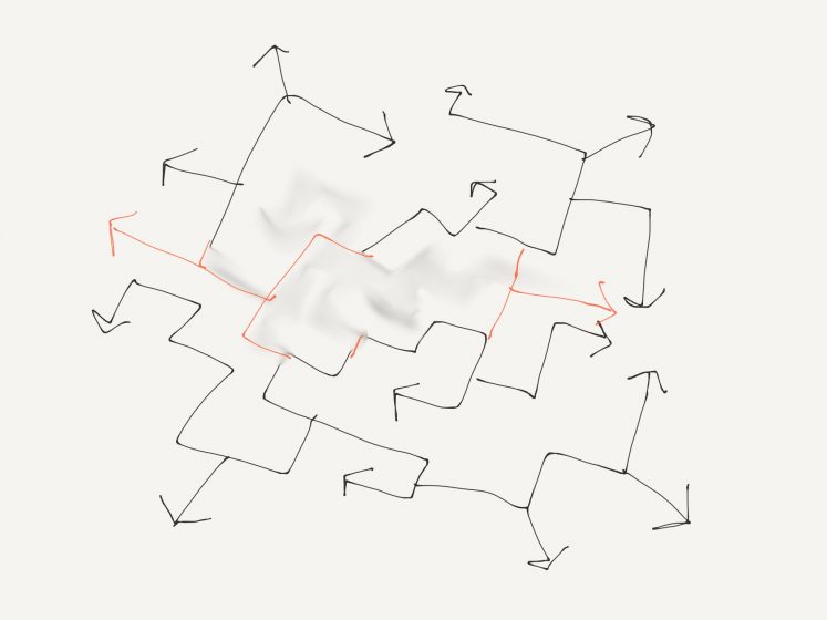 An illustration of a maze of arrows with some line erased