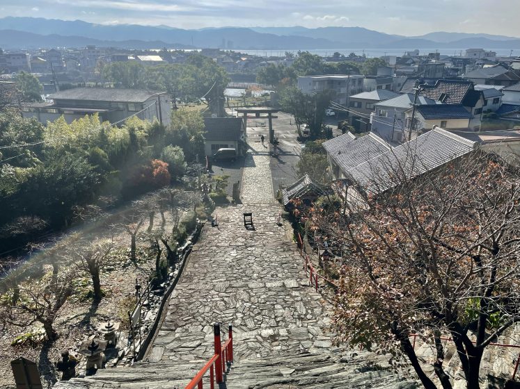 A stone path leading down a hill with buildings and trees