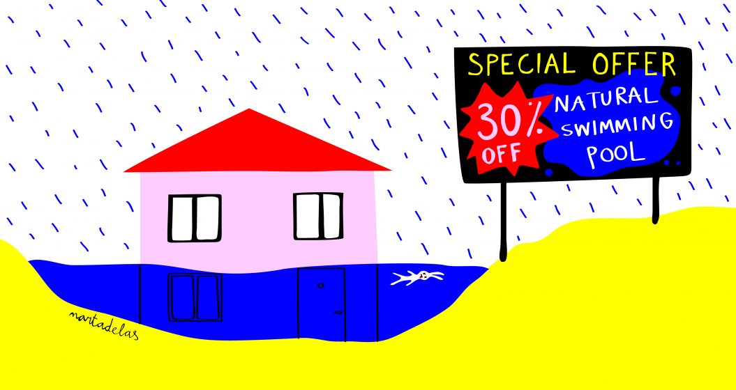 A colorful illustration of a house half under water and a sign saying: