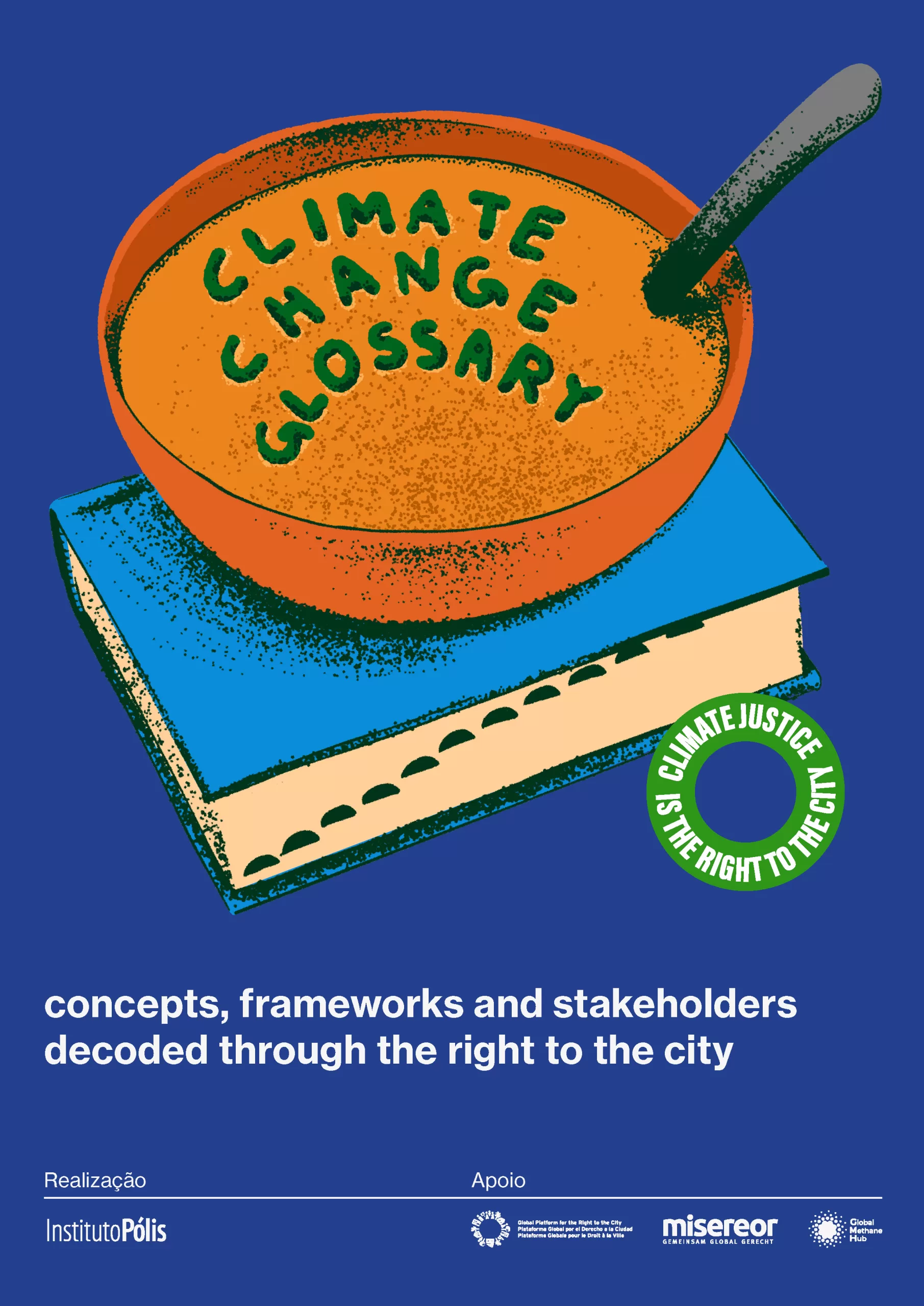 An illustration of a bowl of alphabet soup spelling out "Climate Change Glossary" on top of a large book