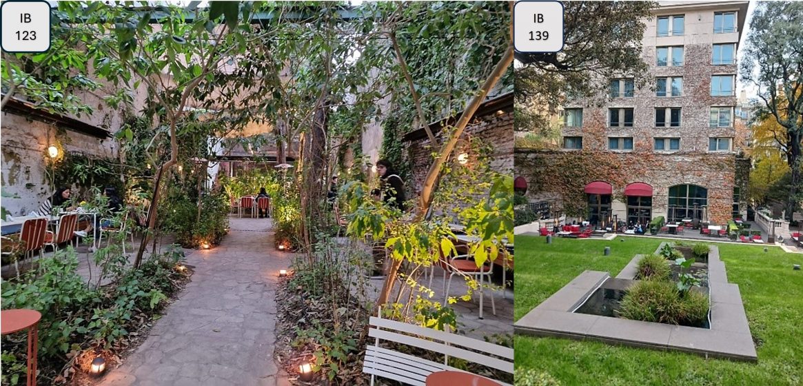 Left: a picture of a urban garden with lots of trees and paved paths. Right: a building with a green courtyard with a fountain in the center