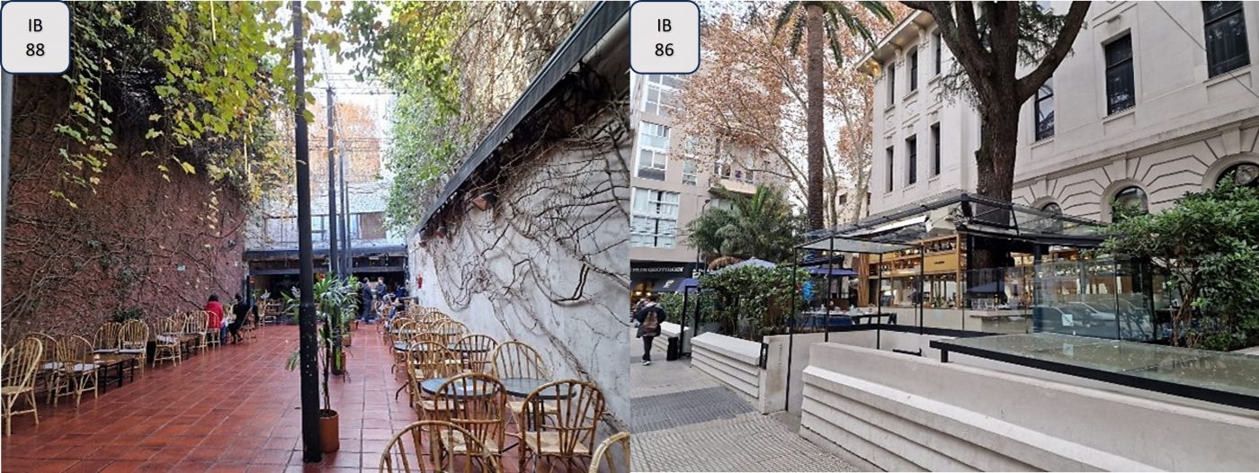 Left: A red brick patio with tables and chairs. Right: A sidewalk with a building, trees, and tables and chairs set under canopies