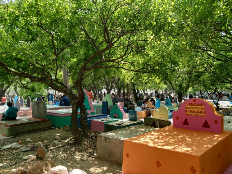 A group of colorful gravestones under a tree