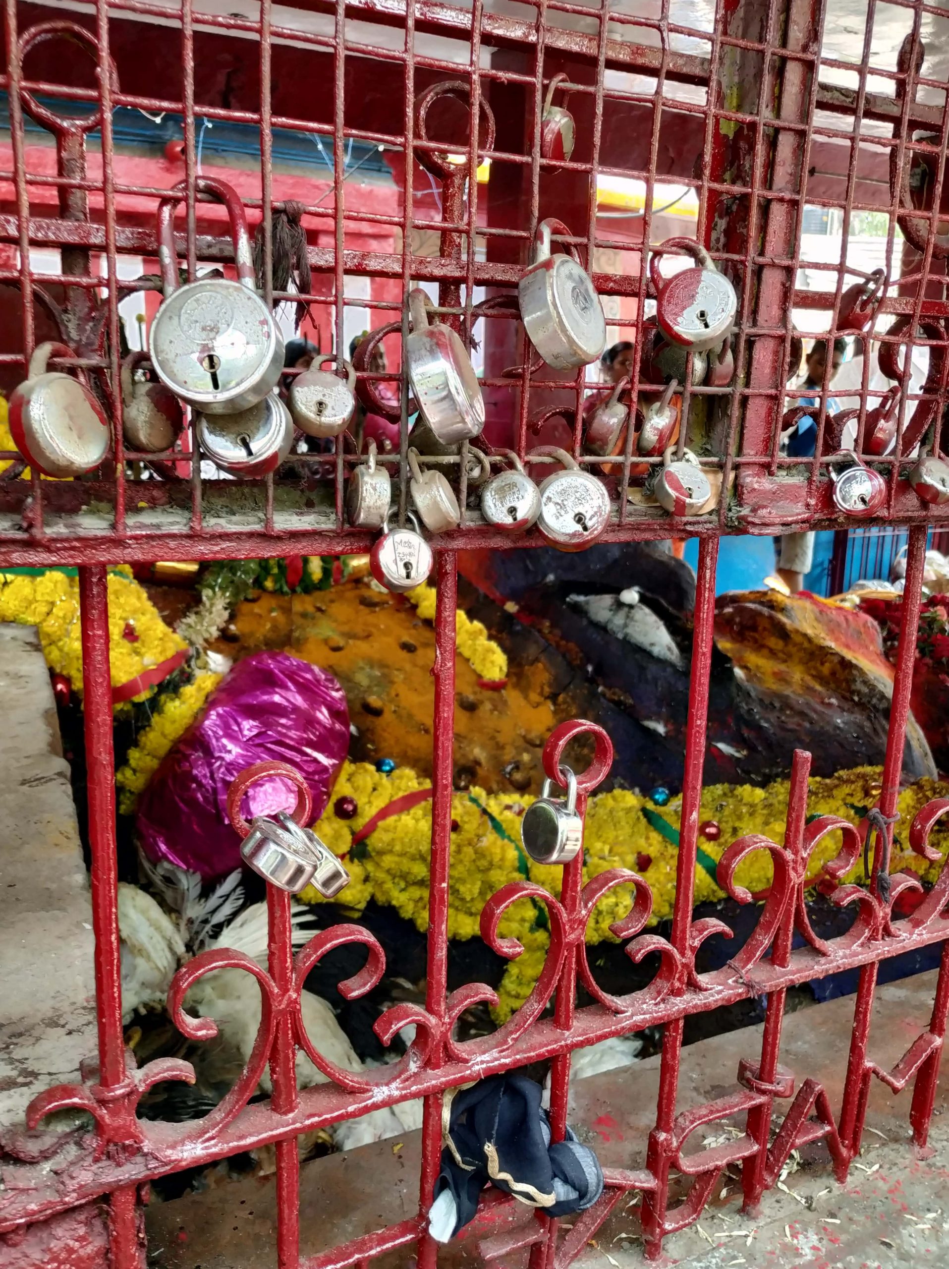 A red metal fence with padlocks and a flower garland