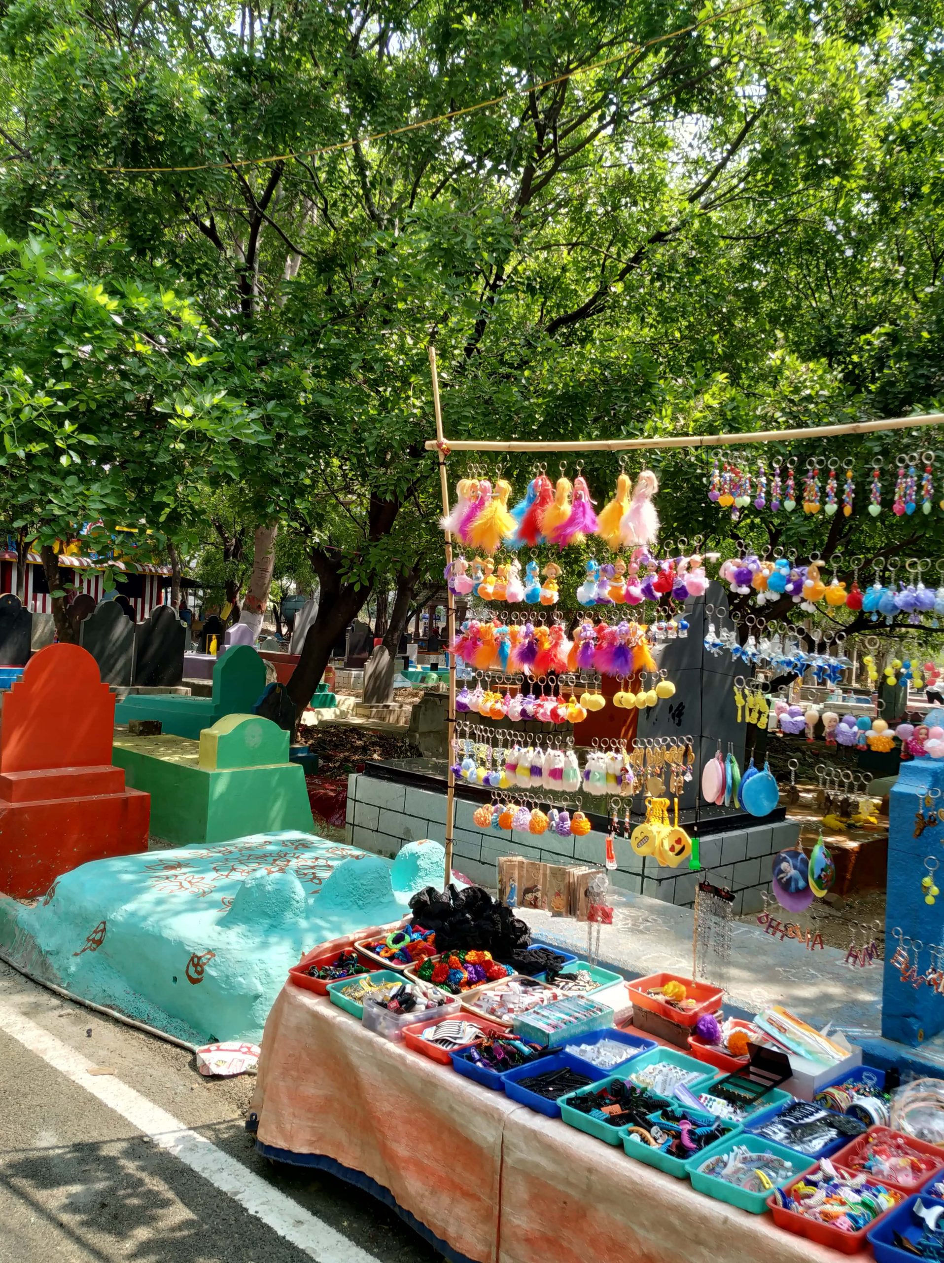 A display of colorful toys and other objects