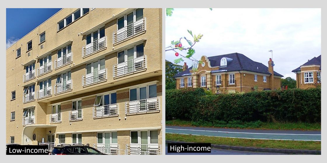 Left: A tan rock apartment building. Right: A brick house with a hedge.