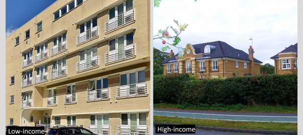 Left: A tan rock apartment building. Right: A brick house with a hedge.