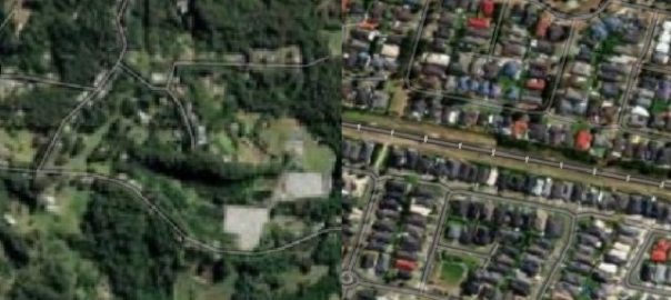 Two side by side Google Maps images. Left a dense forested aerial view. Right a crowded neighborhood with streets lined with houses