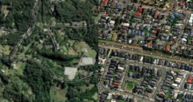 Two side by side Google Maps images. Left a dense forested aerial view. Right a crowded neighborhood with streets lined with houses