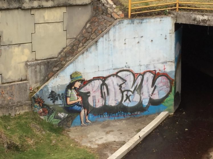 Graffiti of a woman sitting next to an actual river. 