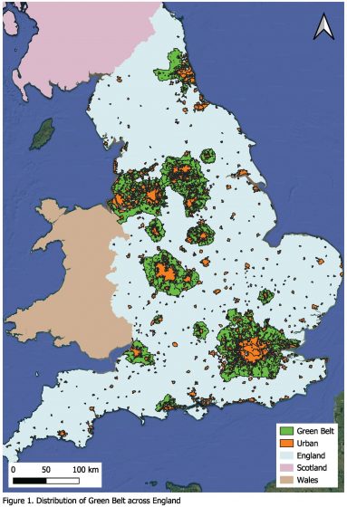 A map of england with different colored spots