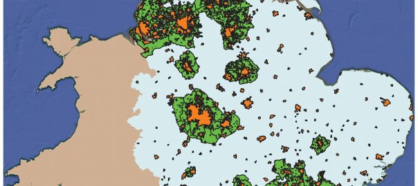 A map of england with different colored spots