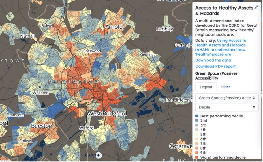 A map of a city labelled "Access to Healthy Assets and Hazards"