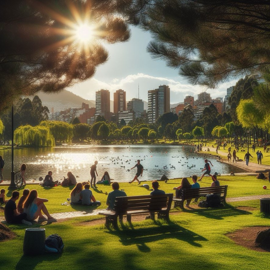 An AI image of people sitting, playing, and relaxing at a park on a waterfront