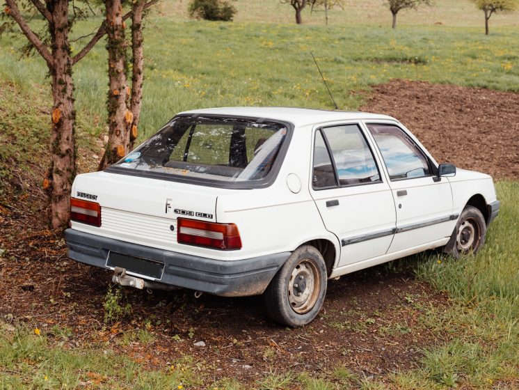 A picture of a small white car parked in a field next to a tree