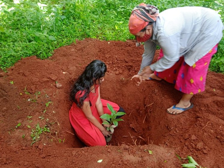 A young woman planting a plant in a deep hole with an older woman guiding her