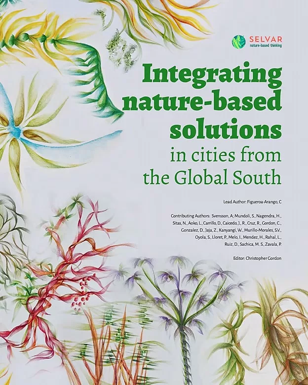 A book cover of "Integrating nature-based solutions in cities from the Global South" with floral examples along the edges